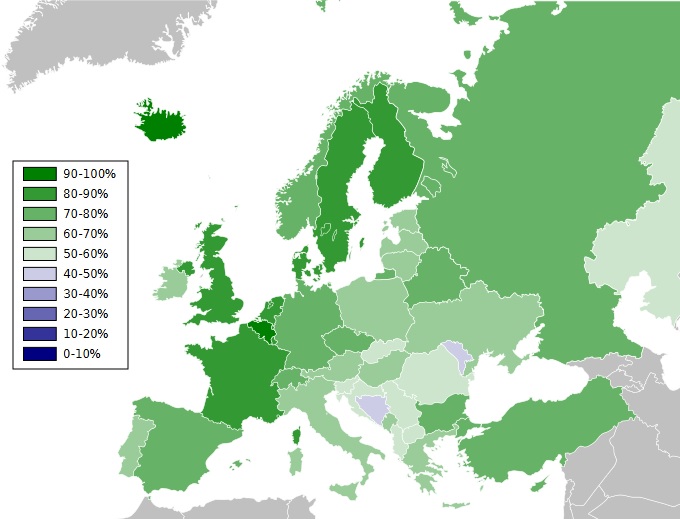 Linnastumise % Euroopa riikides
