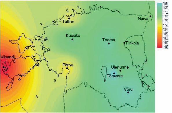 Aastased päikesepaiste keskmised kestvused tundides Eesti territooriumil