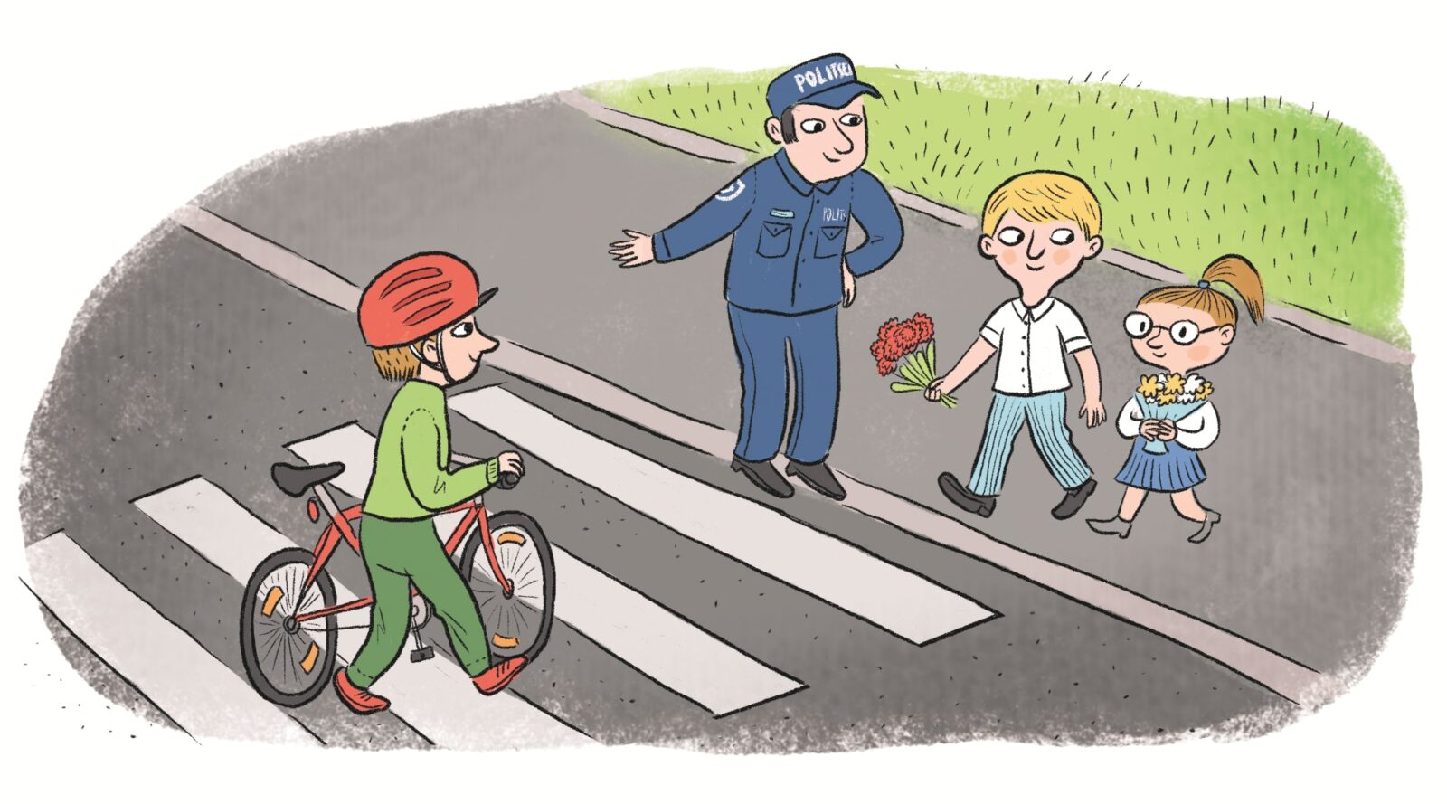 Tänav ja ülekäigurada. Poiss ja tüdruk astuvad kõnniteelt ülekäigurajale. Ülekäiguraja alguses seisab politseinik ja annab käega tee ületamiseks loa.
Lastele tuleb ülekäigurajal vastu jalgrattur, kiiver peas ja ratas käe kõrval.