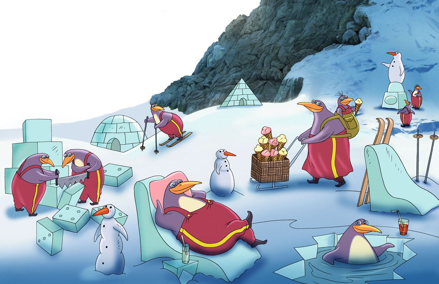 Saar, millel on palju pingviine. Kaks neist saevad suurest jääkuubikust tükke. Üks sõidab suuskadega mäest alla. Üks ujub jääaugus ja joob külma jooki. Üks pingviiniema kannab seljas seljakotti, milles on väike jäätist sööv pingviinipoeg. Pingviiniema lükkab enda ees suurt käru, mis on jäätist täis.