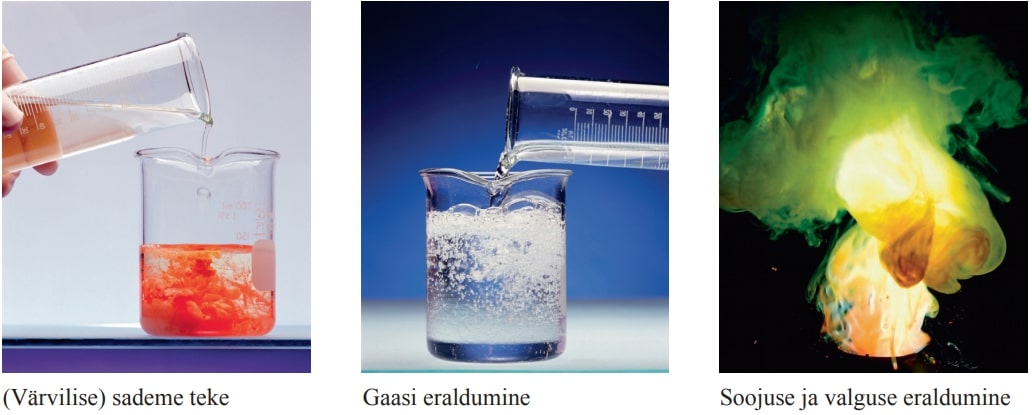 Katseklaasist keeduklaasi vedeliku valamisel tekib esimesel fotol punakas sade. Teisel fotol on näha, kuidas keeduklaasi vedeliku lisamisel vedelikk "muliseb" - eraldub gaas. Kolmandal fotol on näha, kuidas reaktsiooni käigus eraldub soojus ja valgus (erkroheline, kollane ja oranž valgus).