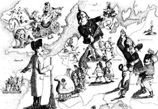 Karikatuur, mille taustaks osa Euroopa kaardist, kus mitmed valistejad tegelevad erinevalt mässajatega, kes tunduvalt väiksemalt kujutatud