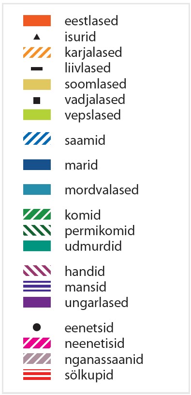 Kaardi legend. Eestlased, isurid, karjalased, liivlased, soomlased, vadjalased, vepslased, saamid, marid, mordvalased, komid, permikomid, udmurdid, handid, mansid, ungarlased, eenetsid, neenetisid, nganassaanid, sölkupid.