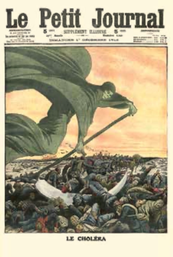 Prantsusmaa ajakirja Le Petit Journal esikaas (1912. a), kus on kujutatud kooleraepideemiat vikatiga niitva surmana.