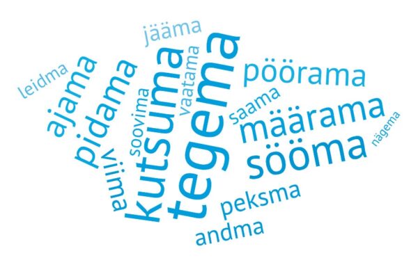 Sõnapilv järgmiste sõnadega: leidma, ajama, pidama, viima, jääma, soovima, kutsuma, vaatama, tegema, pöörama, saama, määrama, sööma, peksma, andma, nägema.