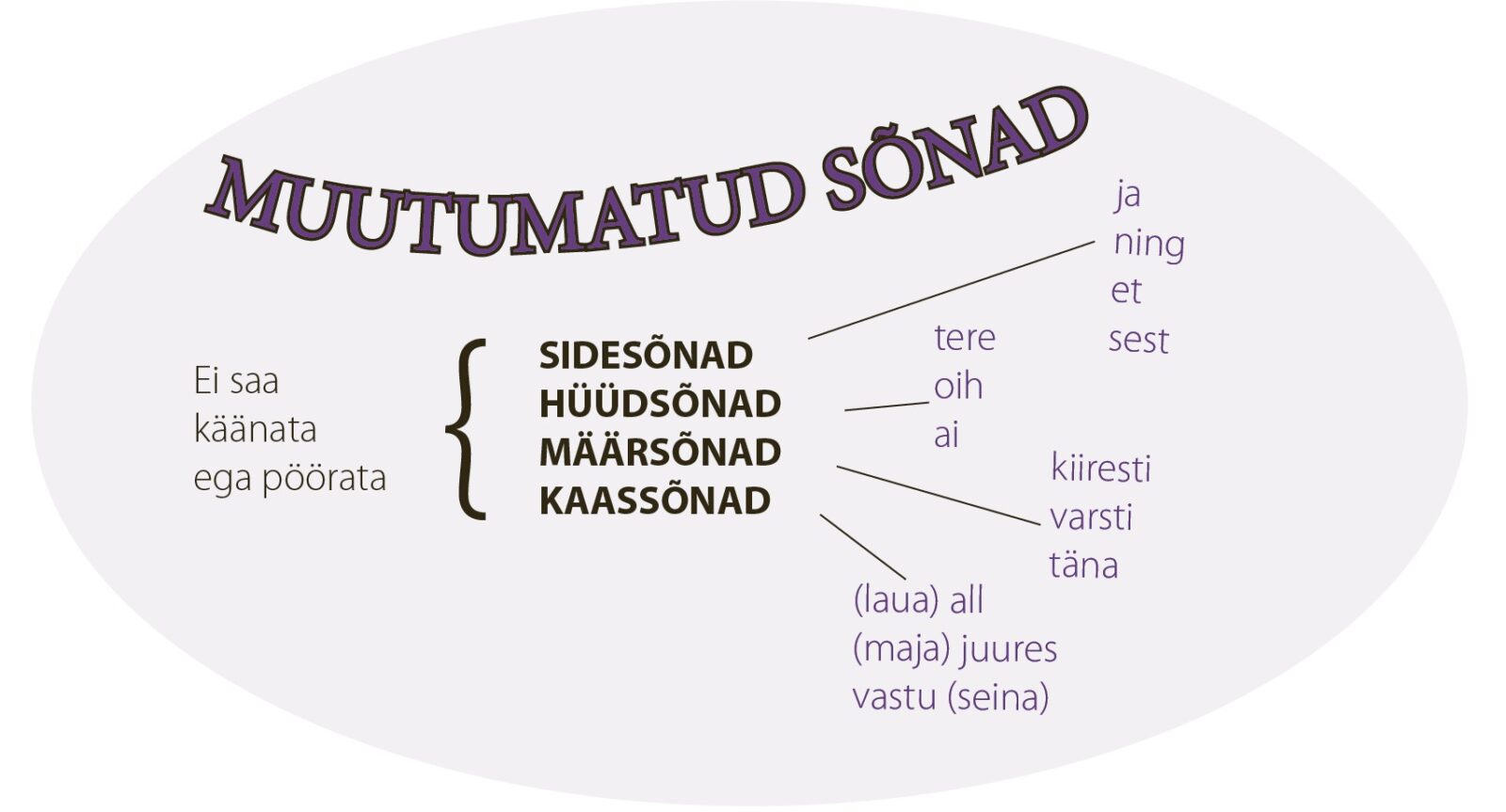 Muutumatud sõnad (ei saa käänata ega pöörata): sidesõnad (ja, ning, et, sest); hüüdsõnad (tere, oih, ai); määrsõnad (kiiresti, varsti, täna); kaassõnad ((laua) all, (maja) juures, vastu (seina)).