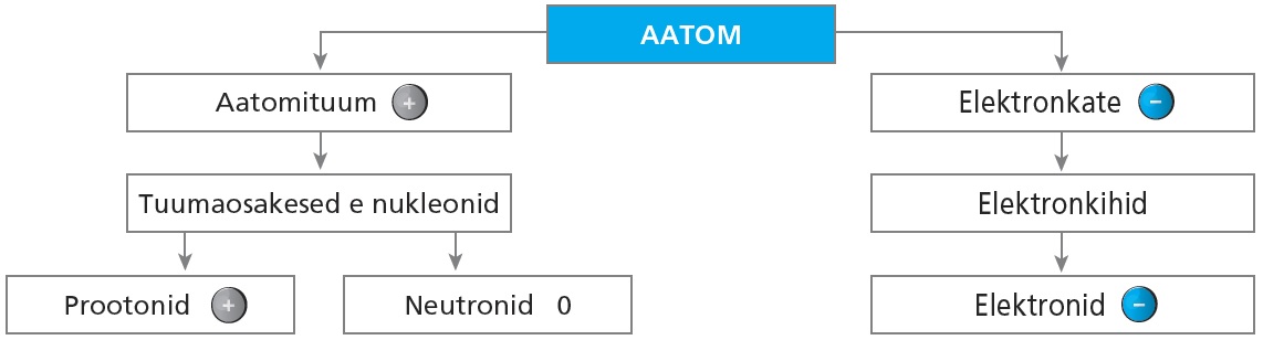 Skeem. Aatom jaguneb aatomituumaks (+) ja elektronkatteks (-). Aatomituumas on tuumaosakesed ehk nukleonid (Prootonid (+)) ja neutronid (0)). Elektronkattes on elektronkihid, millel elektronid (-).