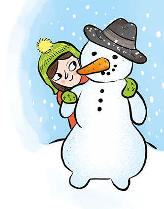 Õues seisab suur kaabuga lumememm, kelle nina on porgandist. Tema taga peidab end talveriietes tüdruk.
