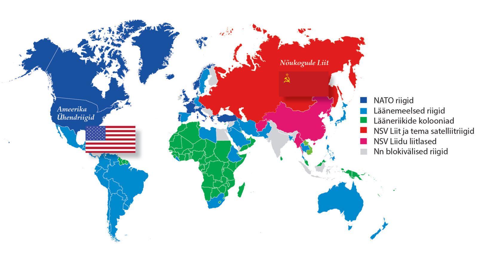 Maailma kaart, kus näidatud NATO riigid, läänemeelsed riigid, lääneriikide kolooniad, NSV Liit ja tema liitlased ning nn blokivälised riigid.