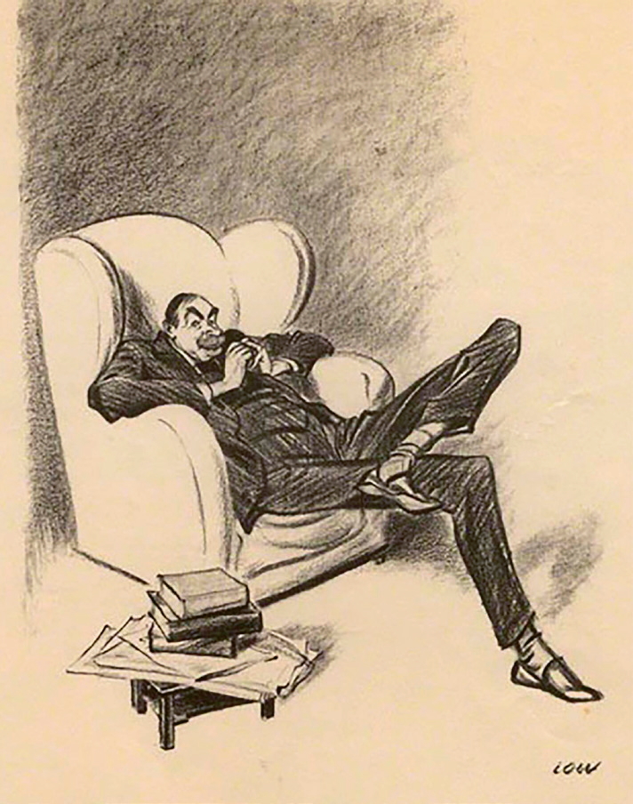 Joonistatud pilt tugitoolis mugavalt istuvast mehest, tugitooli kõrval väike laud raamatutega