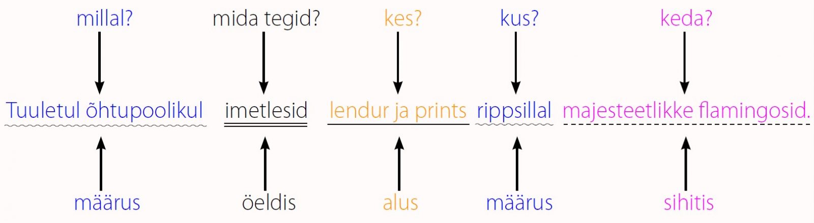 Tuuletul õhtupoolikul (millal? määrus) imetlesid (mida tegid? öeldis) lendur ja prints (kes? alus) rippsillal (kus? määrus) majesteetlikke flamingosid (keda? sihitis).