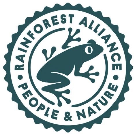 Ümmargune logo, mille keskel konn ja ümber tekst: Rainforest Alliance. People & Nature.