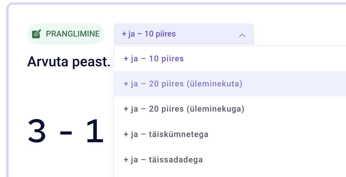 Peastarvutamise rakendus. Ülevalt avaneb rippmenüü, kust saab tasemeid muuta.