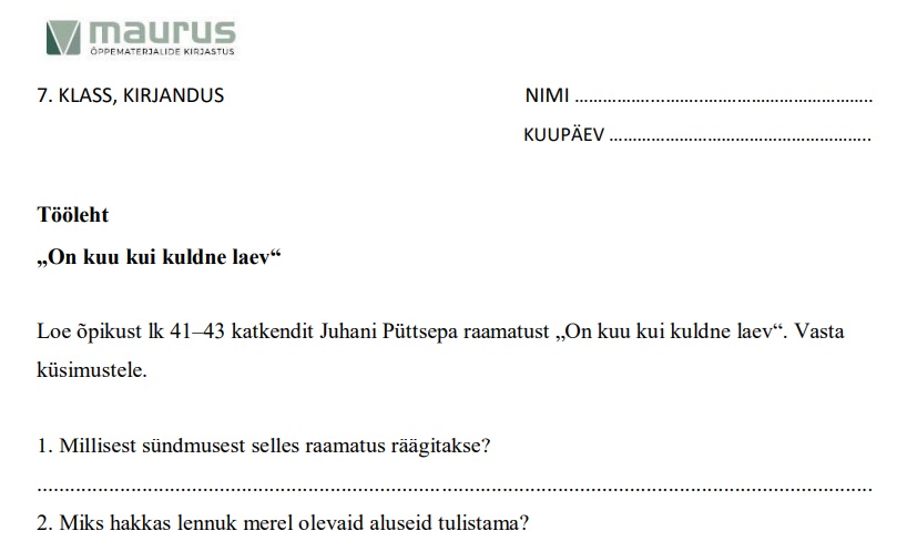 Näide prinditavast töölehest