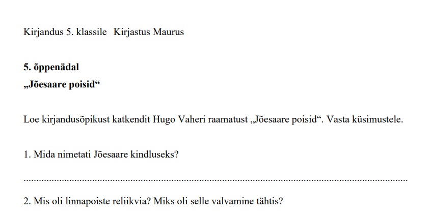 Näide prinditavast töölehest