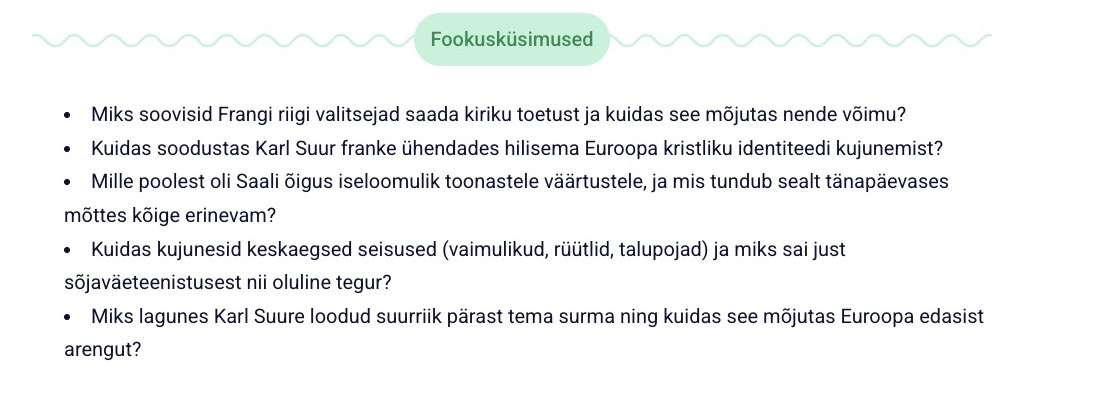 Miks soovisid Frangi riigi valitsejad saada kiriku toetust ja kuidas see mõjutas nende võimu? Kuidas soodustas Karl Suur franke ühendades hilisema Euroopa kristliku identiteedi kujunemist? Mille poolest oli Saali õigus iseloomulik toonastele väärtustele, ja mis tundub sealt tänapäevases mõttes kõige erinevam? Kuidas kujunesid keskaegsed seisused (vaimulikud, rüütlid, talupojad) ja miks sai just sõjaväeteenistusest nii oluline tegur? Miks lagunes Karl Suure loodud suurriik pärast tema surma ning kuidas see mõjutas Euroopa edasist arengut?