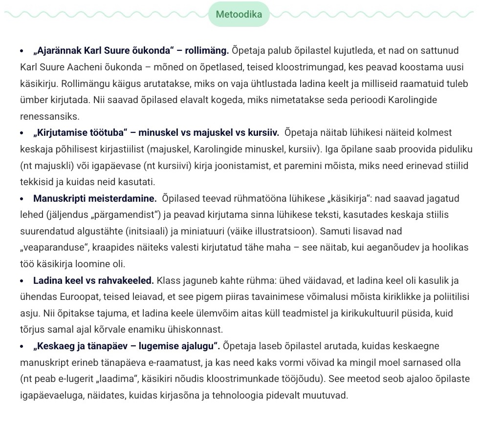 Metoodika kirjeldused 7. klassi ajalootunniks.