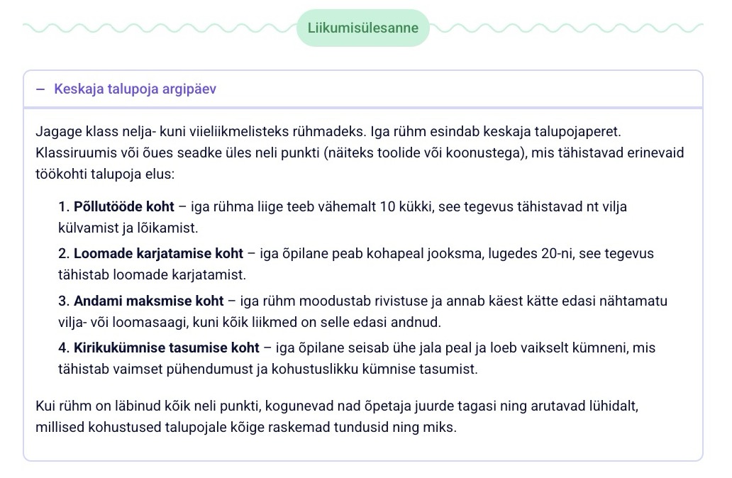 Liikumisülesanne 7. klass, keskaja talupoja argipäev : ülesande kirjeldus