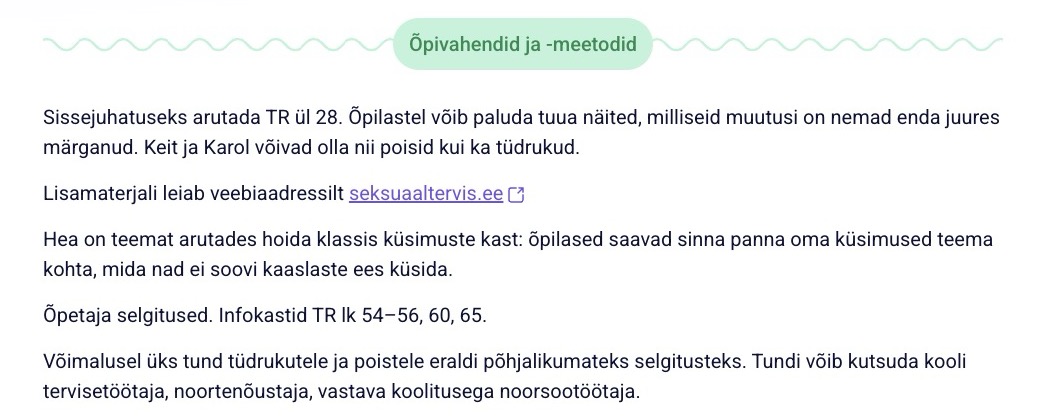 Õpivahendite ja -meetodite kirjelduse näidis.